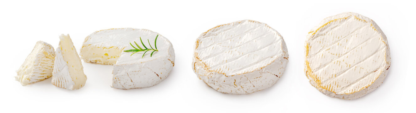 Fresh camembert cheese with sliced camembert isolated. Camembert cheese piece with rosemary on white background. Set of camembert cheeses.