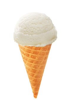 A scoop of white ice cream in a waffle cone isolated. Ice cream on white background. Perfect image of ice cream for package design.