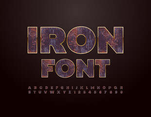 Vector Rusty Iron Font. Grungy metallic Alphabet. Old style Letters and Numbers