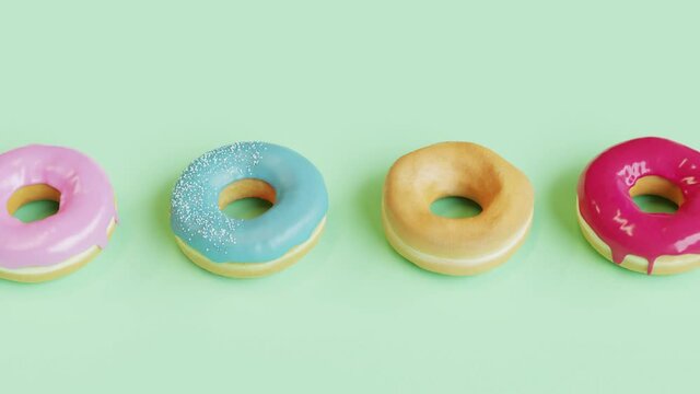 various glazed doughnuts of one row of assorted on green background. 
3D Animation Food minimal idea concept.