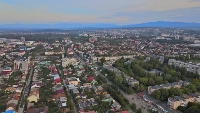Uzhgorod city landscape with houses roofs neighborhood in aerial drone view on in Zakarpattya Ukraine