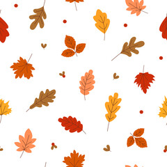 Obraz premium Seamless pattern of autumn leaves and berries of lingonberry. Colorful multicolored oak and maple foliage on a white background. Vector illustration. 