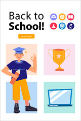 Back to school. Colorful vector illustration, banner. Clipart on the topic of education, school.