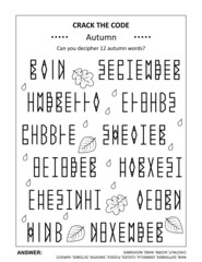 Crack the code word game, or codebreaker word puzzle, with various autumn related words and mirrored letters cipher. Answer included.
