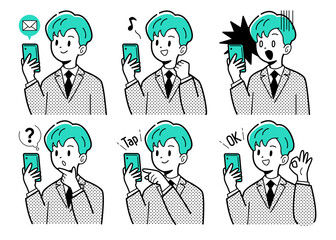 スマホを持ったビジネスマン　ポーズセット　シンプルタッチ