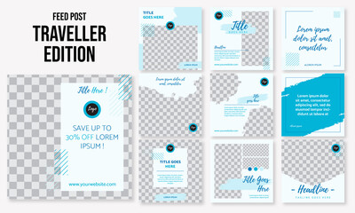 Set of editable social media instagram post travel, resort, vacation, ocean, adventure, paradise with blue sea design vector template ai and eps10