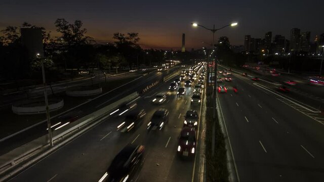 sundown time lapse of traffic on the famous 23 de Maio Avenue in Sao Paulo, Brazil. This avenue run past Ibirapuera Park.