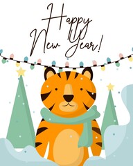 Vector New Year card with tiger. New Year card with the symbol of the year. Postcard with a Christmas tree and a garland. New Year 2022.