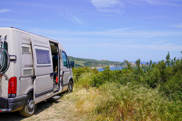 Vanlife lifestyle rv motorhome in the wild beach coast in france