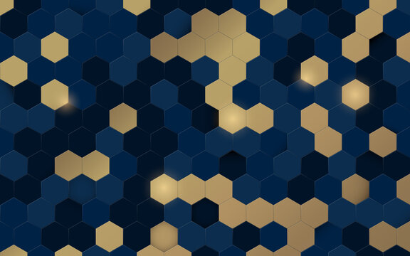 Abstract blue and gold hexagon 3d texture background with technology and luxury concept. Vector illustration