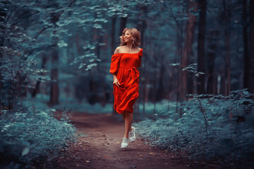 freedom girl spring forest, nature beautiful female in the park