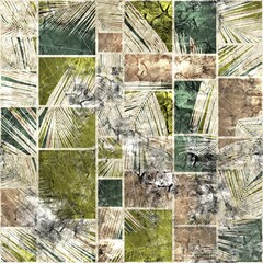 Seamless faded grungy mosaic of palm leaves in rectangles. High quality illustration. Worn aged tropical print for surface design. Warm bedding texture illustration. Summery distressed seamless design