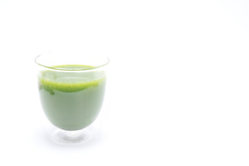 Fresh kale smoothie, Green vegetable drink with fiber on white background. Healthy food concept