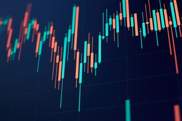New modern computer and business strategy as concept. Financial diagram with candlestick chart used in market analysis for variation report of share price