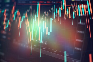 New modern computer and business strategy as concept. Financial diagram with candlestick chart used in market analysis for variation report of share price