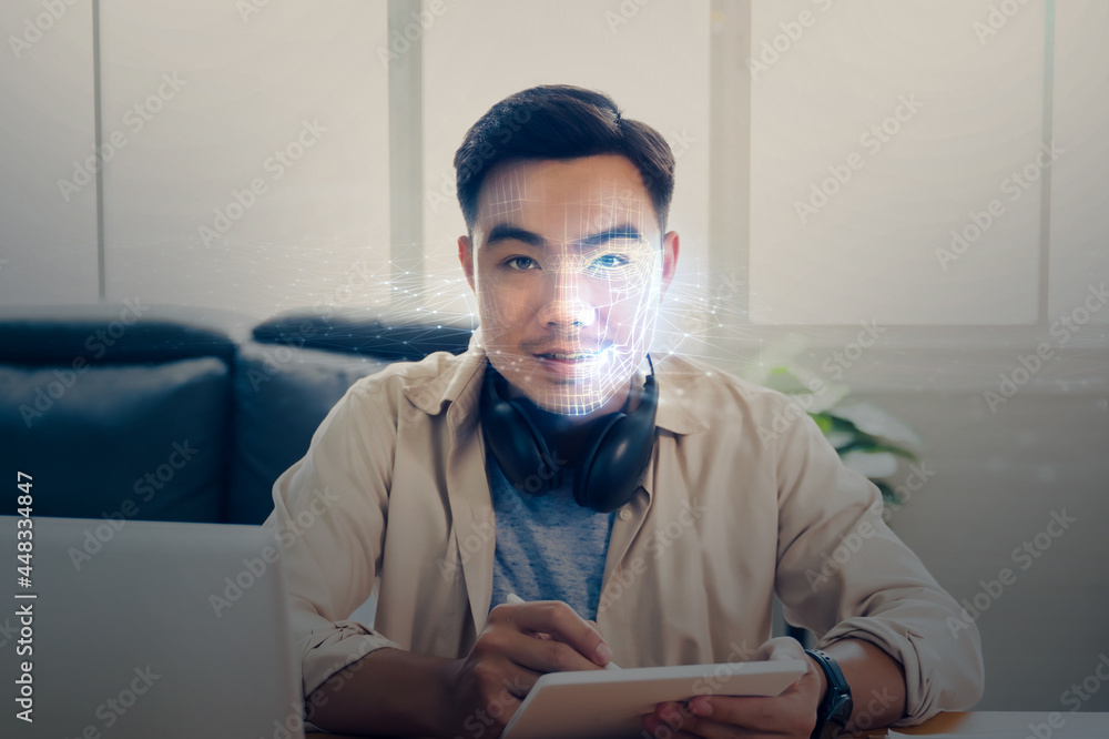 Poster face detection ai technology, facial recognition security user identification access, asian man work
