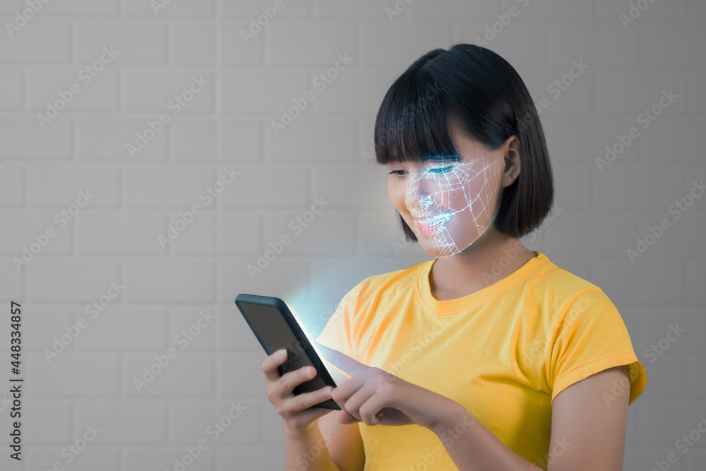 Poster face detection ai technology, facial recognition security user identification access, girl using sma