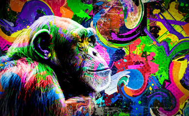 Affenkopf mit kreativen bunten abstrakten Elementen auf dunklem Hintergrund © reznik_val
