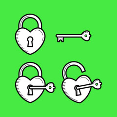Illustration vector of lock and unlock the love padlock. Suitable for design of romantic and valentine product