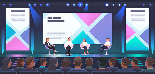 Conference or forum. Panelists on stage discuss the topic of the meeting in a large conference room. An event with speakers  experts. - 448335422