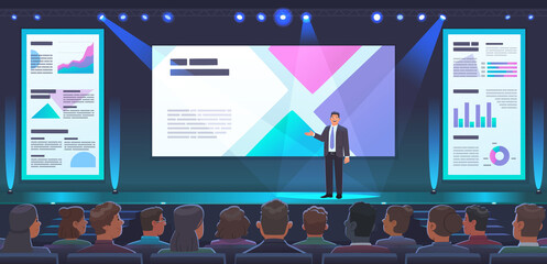 Conference or presentation of a company's product. A male speaker stands on stage and presents a new project or report © tynyuk