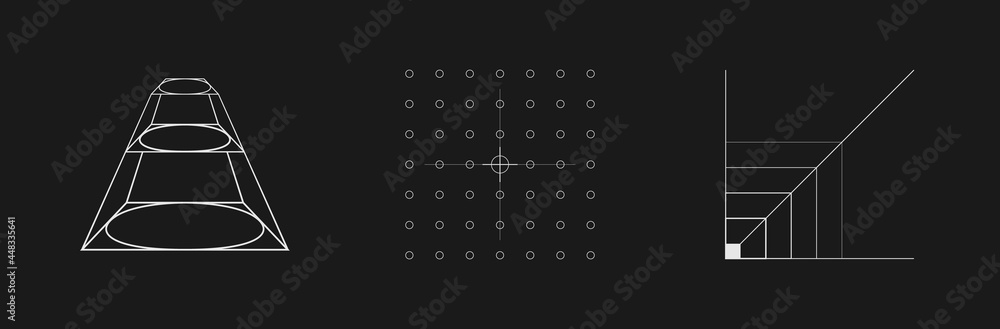 Poster set of retrofuturistic design elements. retrofuturistic prism, hud aim, coordinate scale in cyberpun
