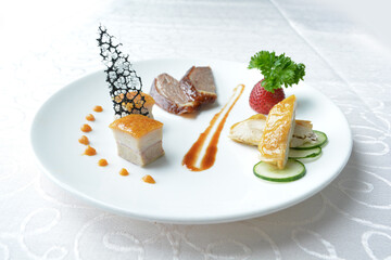 cold cut appetiser platter with meat, roasted, seafood, dim sum, scallop, sushi in white background asian halal menu
