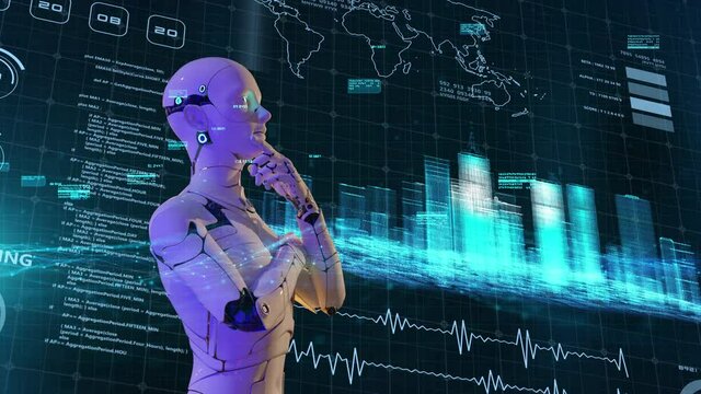 Future technology vision, 3D android robot and digital world tech futuristic computer screen graphic user interface background.