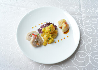 cold cut appetiser platter with meat, roasted, seafood, dim sum, scallop, sushi in white background asian halal menu