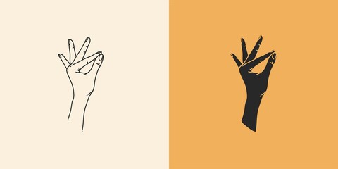Hand drawn vector abstract stock flat graphic illustration with minimal logo element collection set,occult mystery witch hands touch line drawing and silhouette,magic art in simple style for branding.