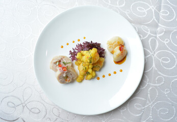 cold cut appetiser platter with meat, roasted, seafood, dim sum, scallop, sushi in white background asian halal menu
