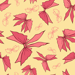Cute pink romantic bowknots seamless pattern. Pretty flat bows abstract endless texture for fabric, textile, cosmetics, package, stationery, wrapping paper, background. Cheerful festive doodle design.