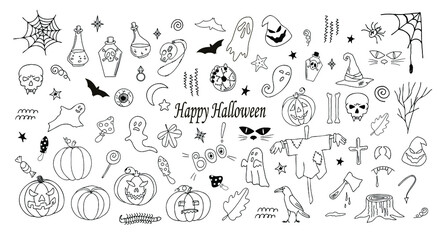 Halloween, magic. Vector set of contour drawings.