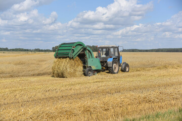 The tractor collects straw in large bales in the field.