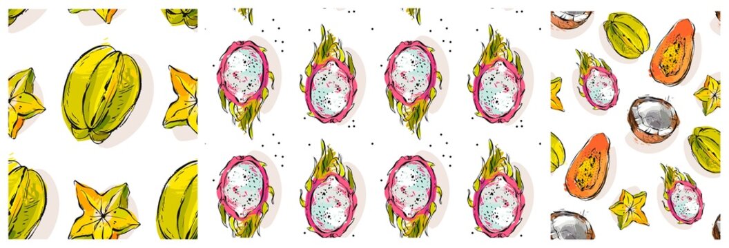 Hand drawn vector abstract stock flat graphic illustration with seamless patterns collection set with tropical exotic fruit coconut,carambola and dragon frut isolated on white background.