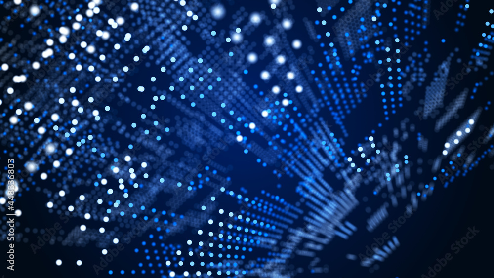 Poster digital technology background. directed stream of luminous particles. big data visualization. 3d ren