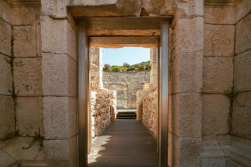 Entrance of Roman theatre of Patara Ancient City in Antalya Turkey. Tourism in Turkey. Ancient cities in Turkey.