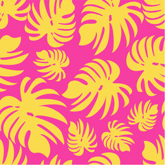 Fototapeta na wymiar Palm leaves. Seamless pattern with leaves of tropical plants with blooming flowers. Vector floral design. Set.