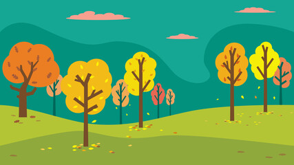 Autumn landscape background, falling leaves from trees and a pre-storm sky, cartoon style, flat design, vector illustration. 