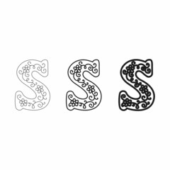 Vector linear letter S. Emblem with the letter S of different thickness. Design element for a logo. Flowers inside the letter.