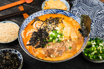 Miso Ramen Asian noodles with，  Fried noodles with cuttlefish sauce - obrazy, fototapety, plakaty