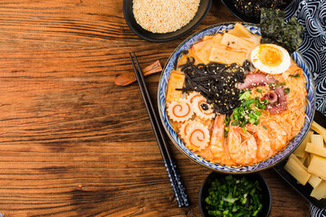 Miso Ramen Asian noodles with，  Fried noodles with cuttlefish sauce