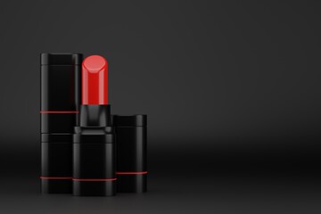 Obraz premium 3D lipsticks isolate on black background. 3d rendering of cosmetic. Realistic makeup and beauty 3d illustration.