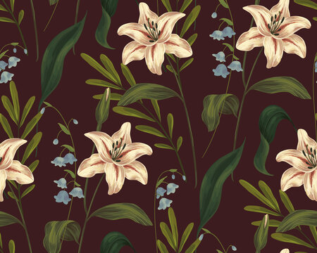 Seamless pattern with lily flowers in a realistic style. Abstract floral arrangement of various plants, flowers, herbs and leaves. Dark background, vector.