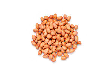 Top view of dry organic peanut seed pile on white background. For healthy food ingredient or agricultural product concept