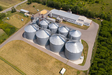 Aerial view of agricultural silos, grain elevator for storage and drying of cereals	