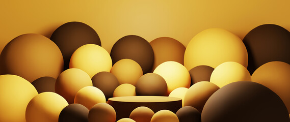 3D rendering of Podium for displaying products in a room with many balls in brown tones background. Mockup for show product.