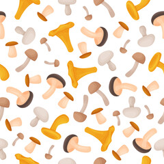 Fototapeta na wymiar A bright autumn seamless pattern with the image of ripe edible mushrooms of various shapes and colors. Mushroom pattern for the print.Vector illustration on a white background
