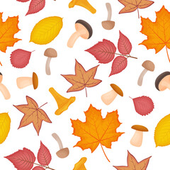 Obraz premium Bright autumn seamless pattern with the image of ripe edible mushrooms of various shapes and yellowed autumn leaves of maple, birch, poplar, liquidambara leaves.Vector illustration