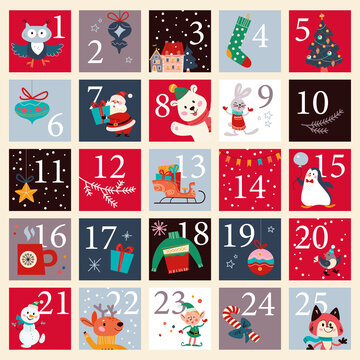 Christmas december advent calendar with numbered parts and cute winter Santa Claus, xmas elf, animals characters for cut down. Vector flat cartoon illustration.